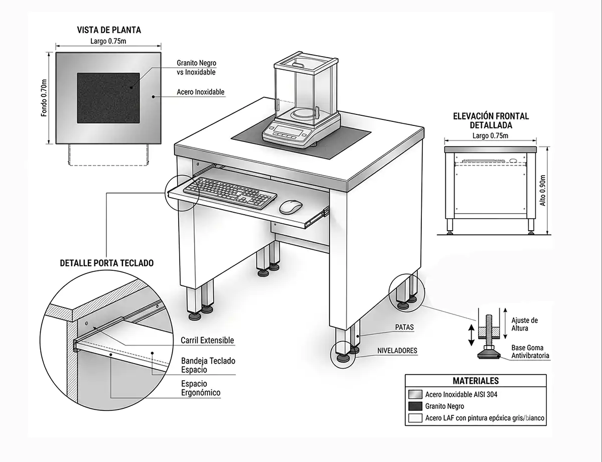 Plano técnico detallado de la mesa antivibratoria Moblexus
