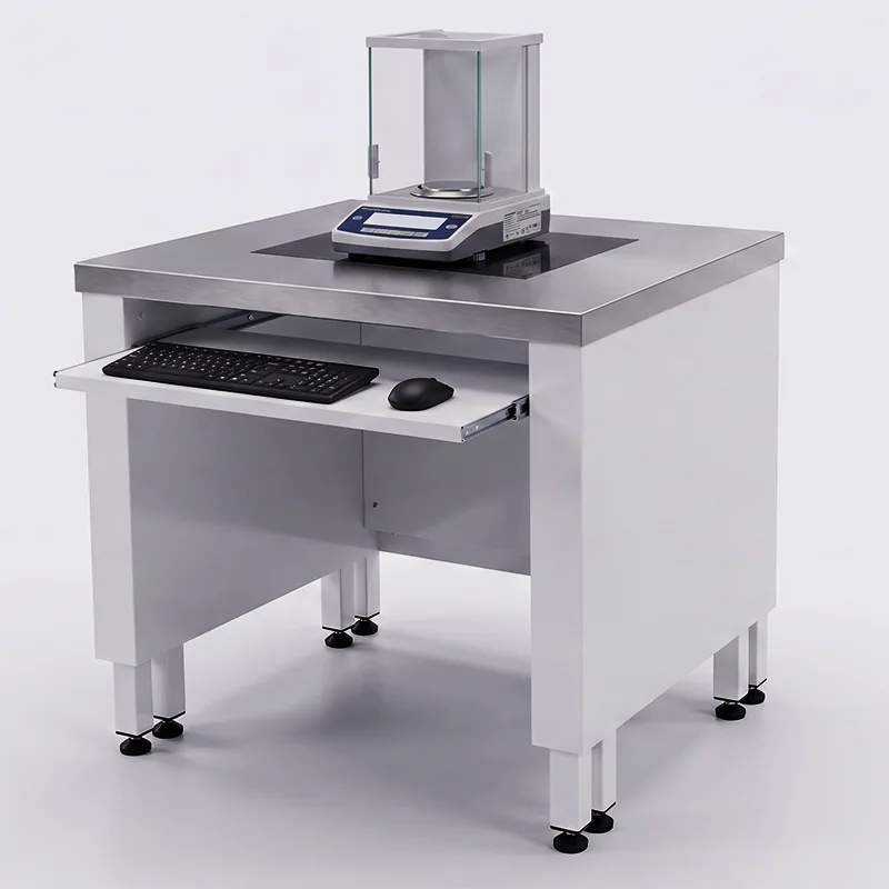 Mesa antivibratoria para laboratorio y balanza analítica, con superficie de acero inoxidable y granito.