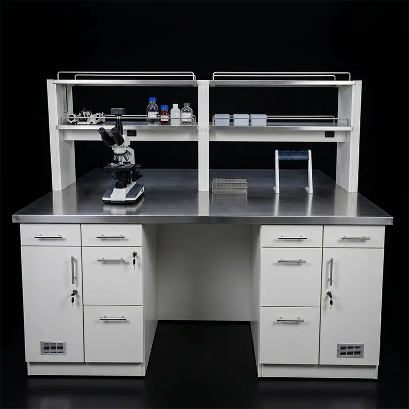 Mesa central para laboratorio con canaleta, superficie de acero inoxidable, estantería superior y cajones de melamina RH.