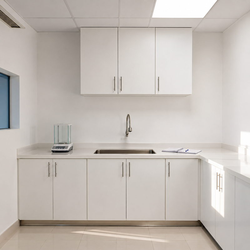 Mesa mural de laboratorio con lavadero de acero inoxidable AISI 304 para ambientes clínicos y control de calidad industrial.