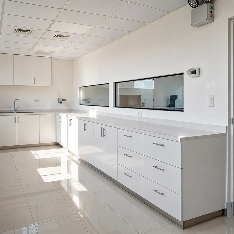 Mobiliario de laboratorio clinico con puertas y cajones de melamina y superficie de piedra sinterizada