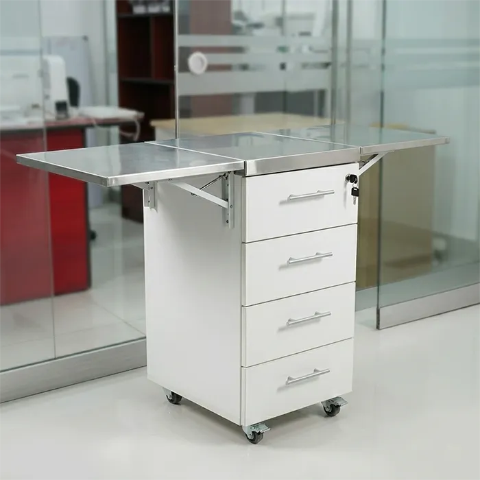 Cajonera de melamina para laboratorio con tablero de acero inoxidable, dos alas plegables y garruchas.