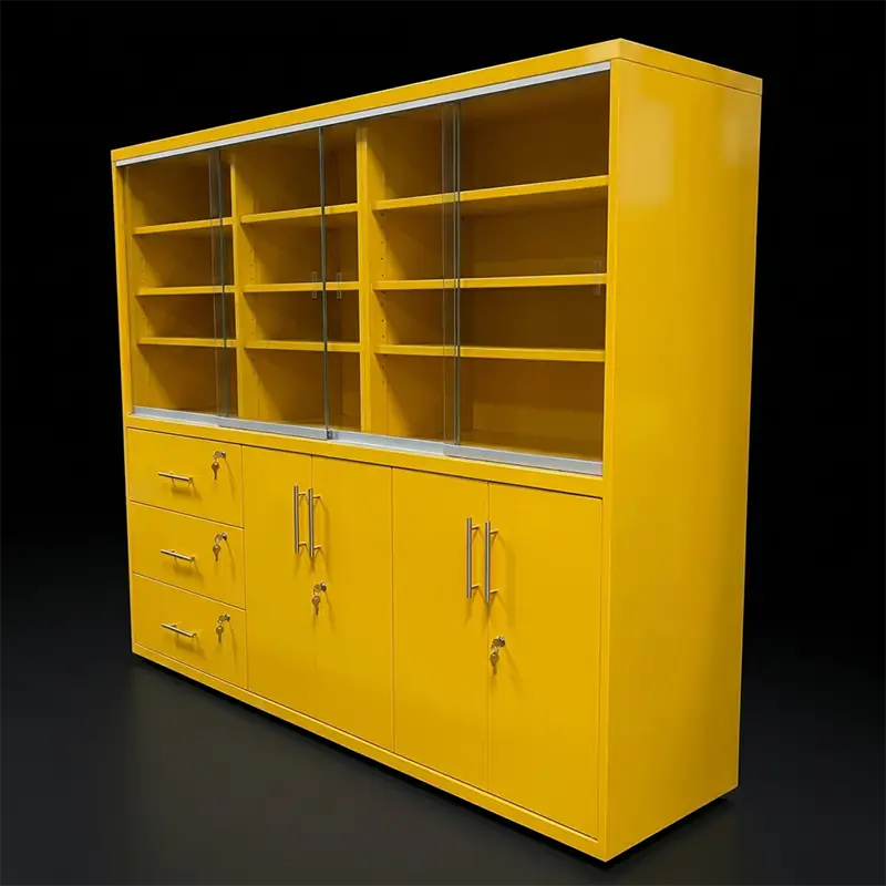 Gabinete de laboratorio con puertas, cajones y puertas de vidrio corredizas
