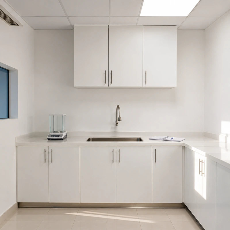Mesa mural de laboratorio con lavadero de acero inoxidable AISI 304 para ambientes clínicos y control de calidad industrial.